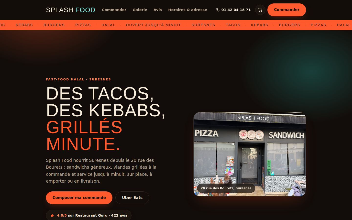Page d'accueil du site Splash Food sur ordinateur : titre « Des tacos, des kebabs, grillés minute », bouton Commander et photo de la vitrine du restaurant